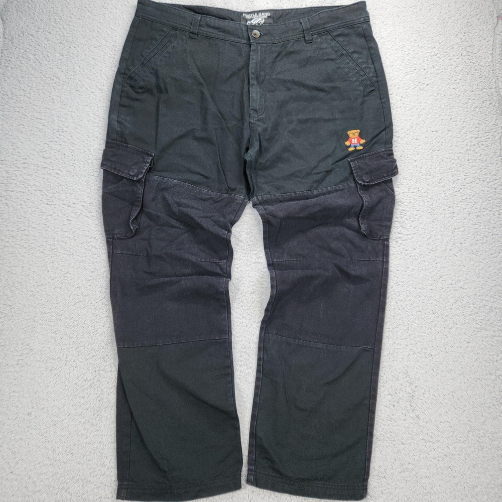 Hustle Gang Cargo Pants Mens 42x30 Black Denim Relaxed Fit Bear Logo Streetwear